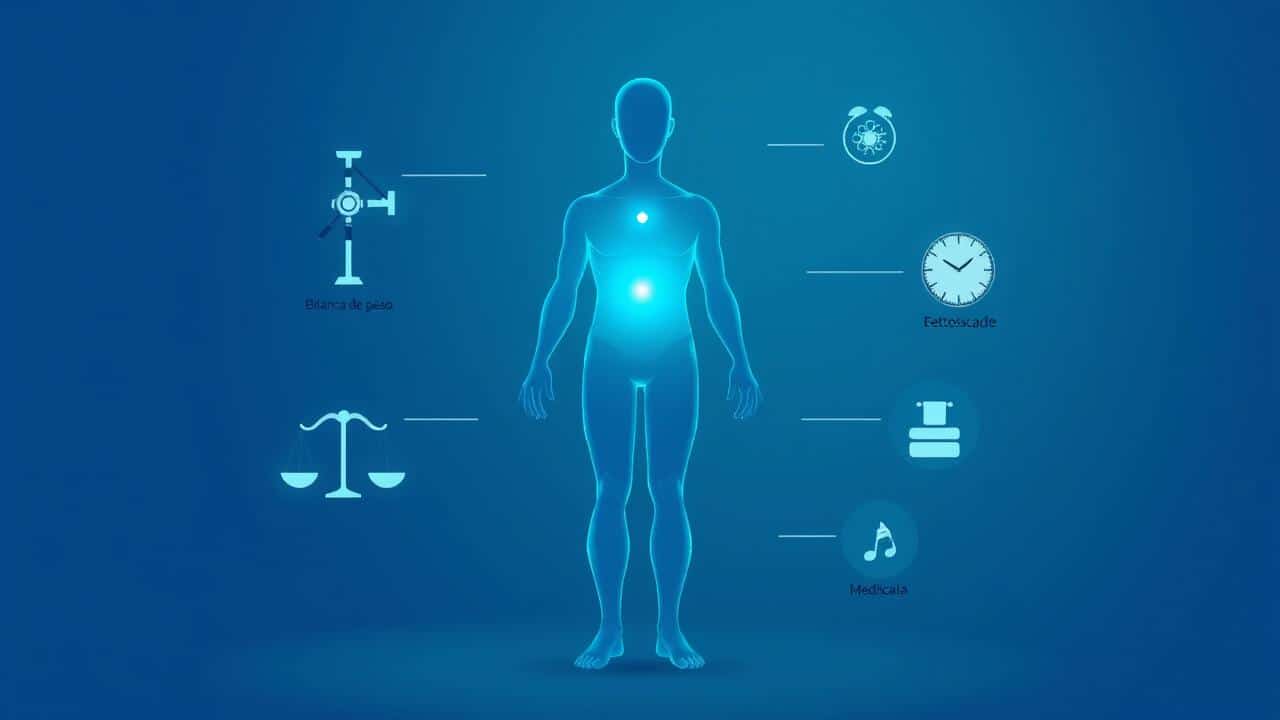 Ilustração digital de silhueta humana com ponto de interrogação, balança, relógio e estetoscópio, representando mistério de saúde.