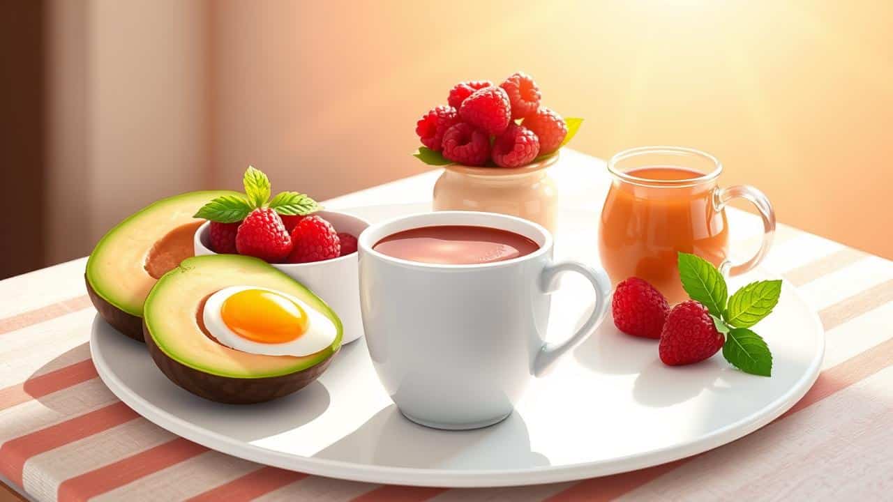 Ilustração digital de uma mesa de café da manhã low carb com ovos, abacate, frutas vermelhas e nozes, sob a luz do sol da manhã, transmitindo energia e bem-estar.