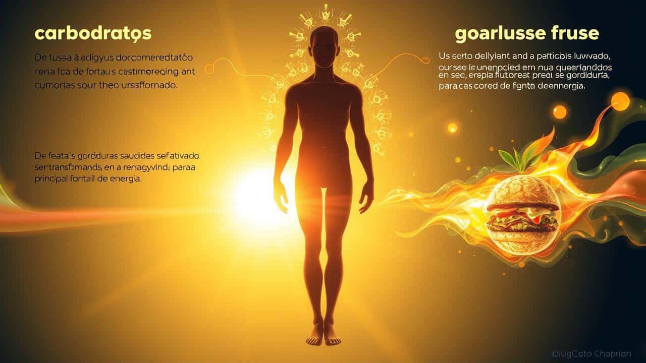 Corpo mudando de carboidratos para gordura como energia na dieta cetogênica.