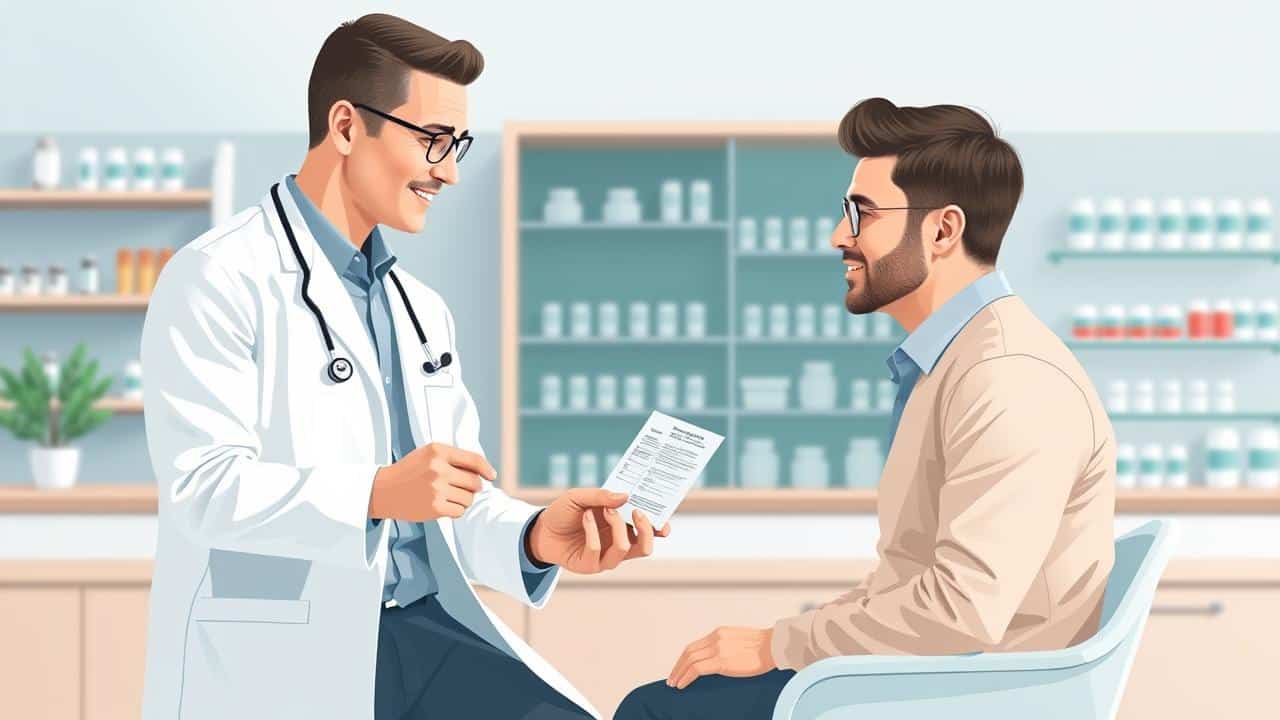Ilustração de médico e paciente interagindo, com foco na receita médica e orientação de tratamento.