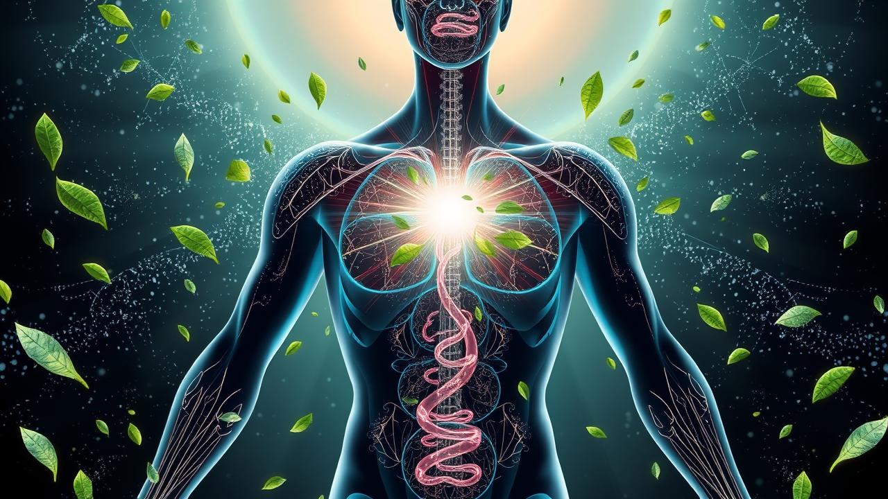 Ilustração dinâmica de uma pessoa com metabolismo acelerado, cercada por chás termogênicos.