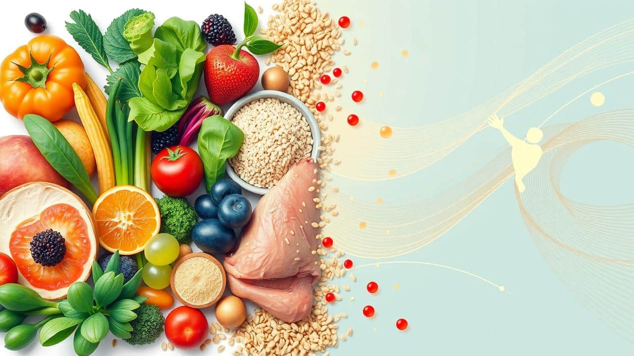 Ilustração dividida com alimentos frescos em um lado e linhas dinâmicas simbolizando metabolismo ativado no outro.