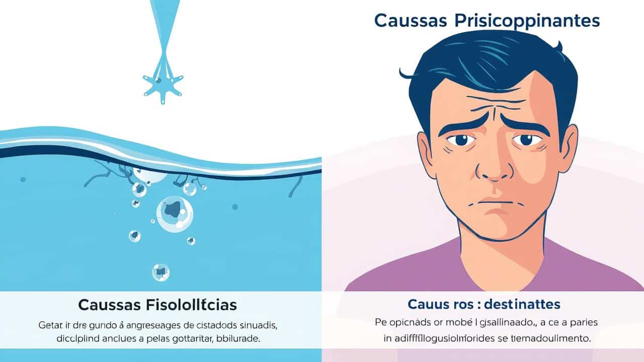 Ilustração dividida mostrando causas fisiológicas e preocupantes da perda de peso em recém-nascidos, com símbolos visuais.