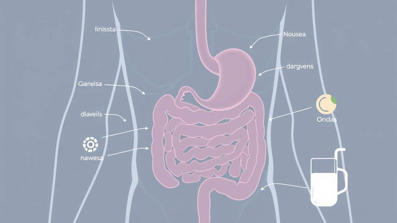 Ilustração do sistema digestório com símbolos de náusea, diarreia e gases, e elementos que sugerem alívio.