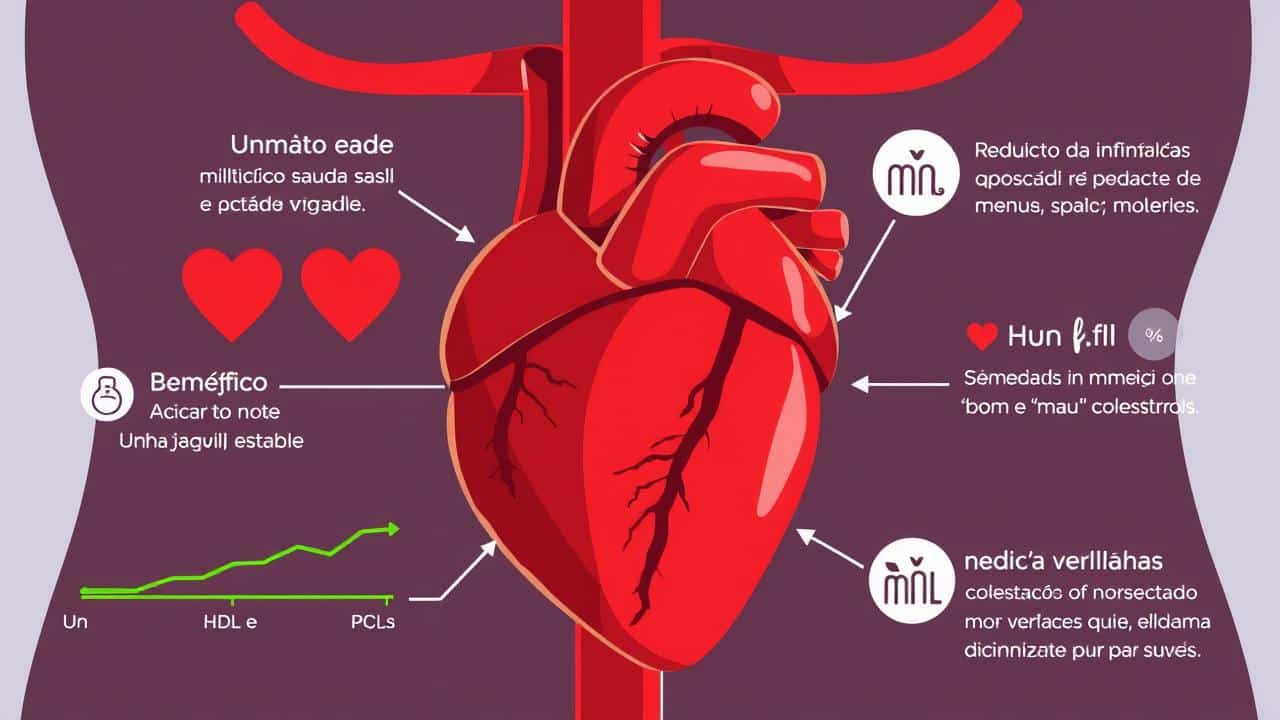 Ilustração em colagem mostrando os benefícios da dieta cetogênica para o coração, açúcar no sangue, colesterol e inflamação.