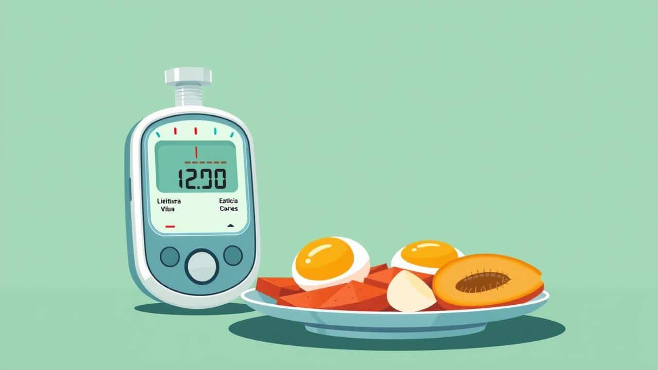 Ilustração gráfica de um medidor de glicemia com leituras estáveis ao lado de um café da manhã low carb (ovos, espinafre, abacate), simbolizando saúde, equilíbrio e prevenção de doenças.