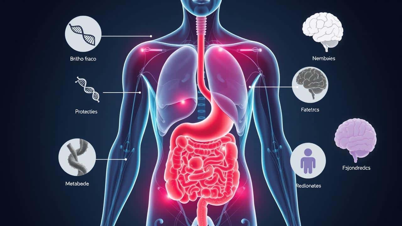 Ilustração médica conceitual de figura humana translúcida com órgãos destacados e símbolos abstratos de doenças.