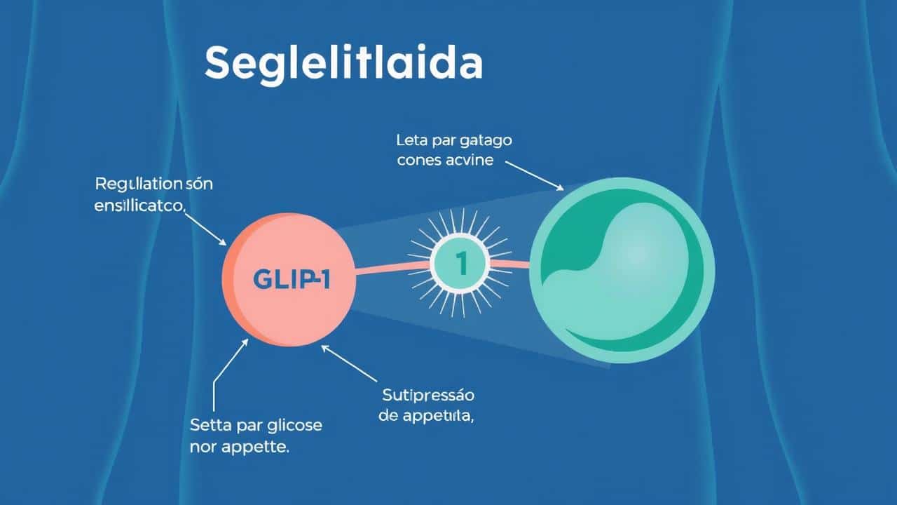 Ilustração do mecanismo de ação do Ozempic, mostrando a regulação da glicose e do apetite.
