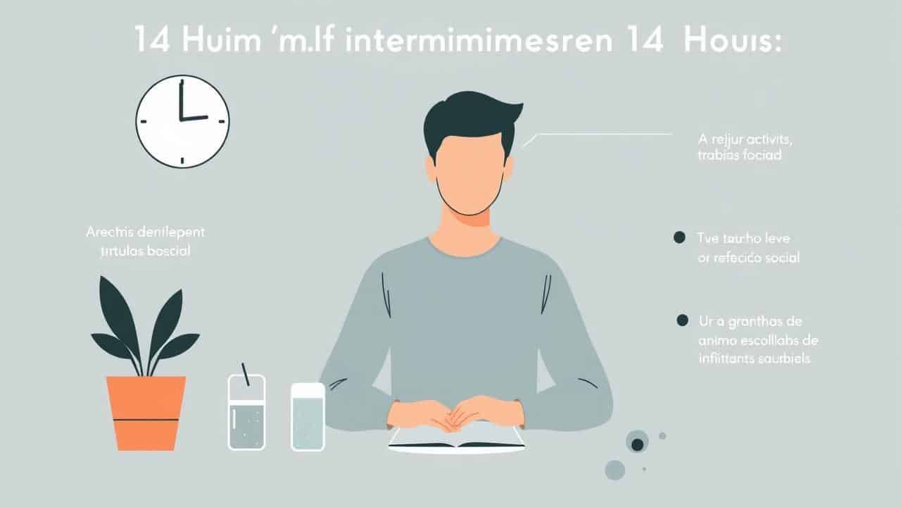 Ilustração minimalista de uma pessoa integrando o jejum intermitente de 14h em sua rotina diária e atividades.