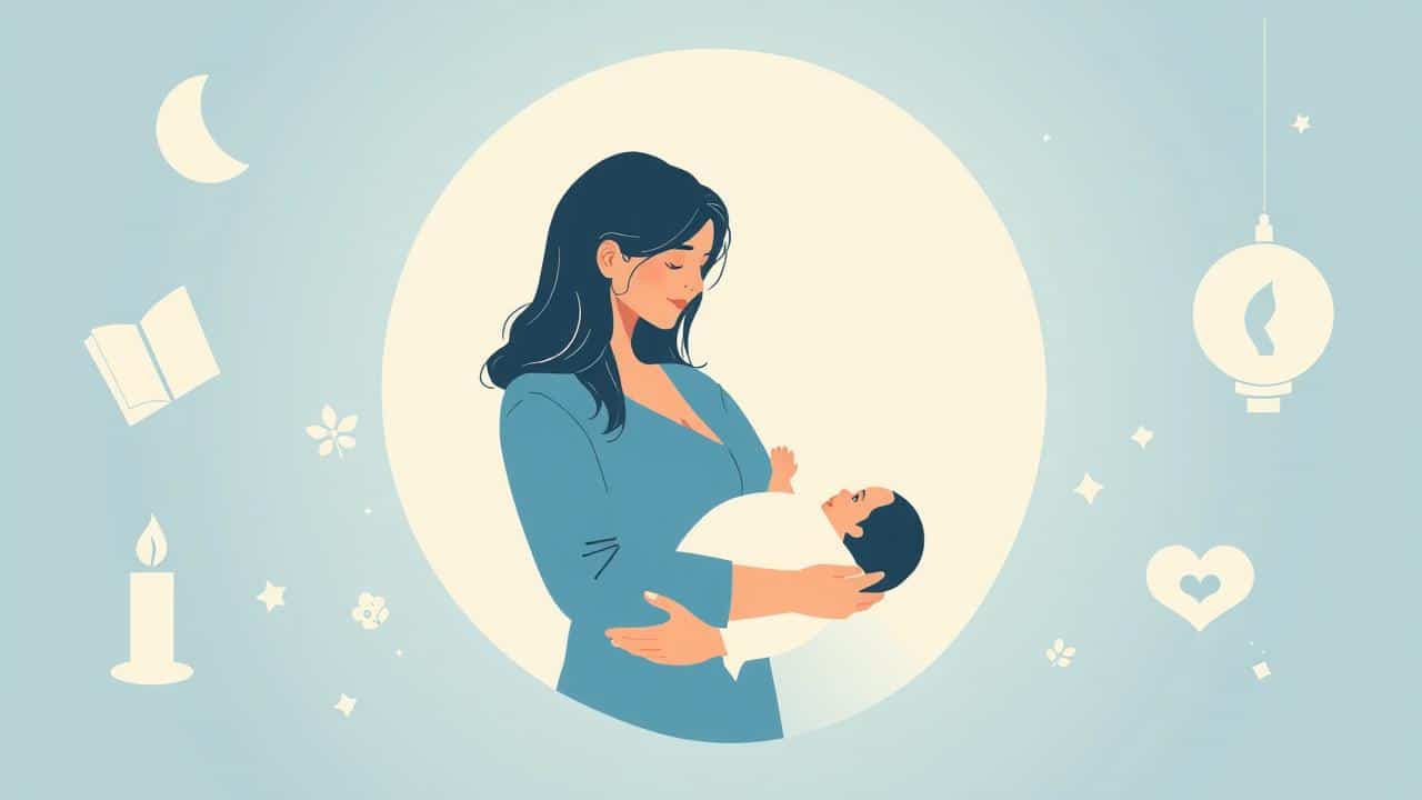 Ilustração moderna de pais serenos com bebê, com símbolos de conhecimento e paz ao fundo, transmitindo segurança e compreensão.