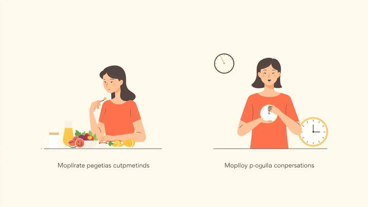 Ilustração comparativa de uma dieta tradicional com refeições dispersas versus o Jejum Intermitente com janela de alimentação focada.