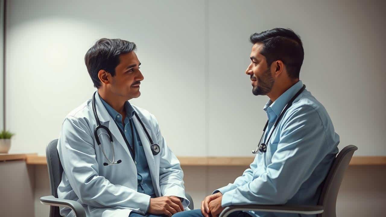 Médico e paciente em consulta, simbolizando a importância do acompanhamento profissional em tratamento.