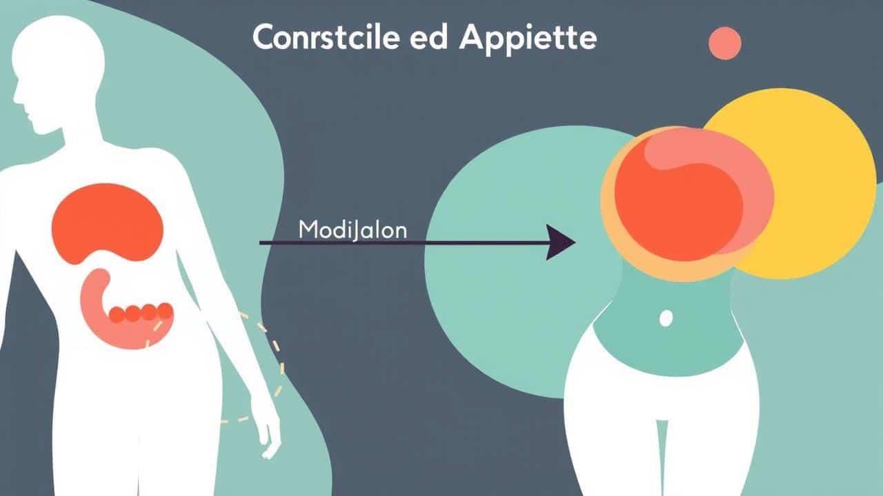 Ilustração simbólica do controle do apetite na dieta cetogênica, mostrando transição de fome para saciedade através de modulação hormonal.