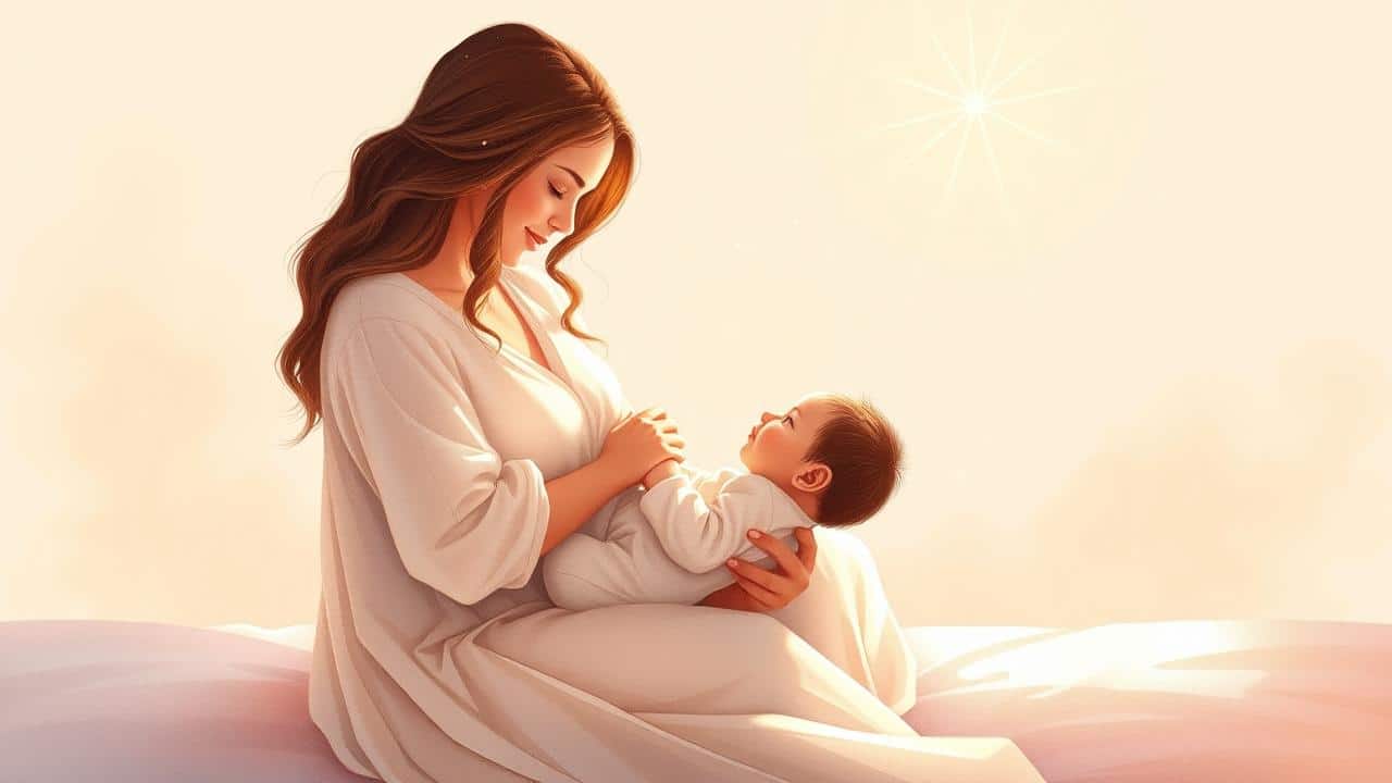 Ilustração terna de mãe amamentando bebê, com luz sutil simbolizando energia e nutrição.