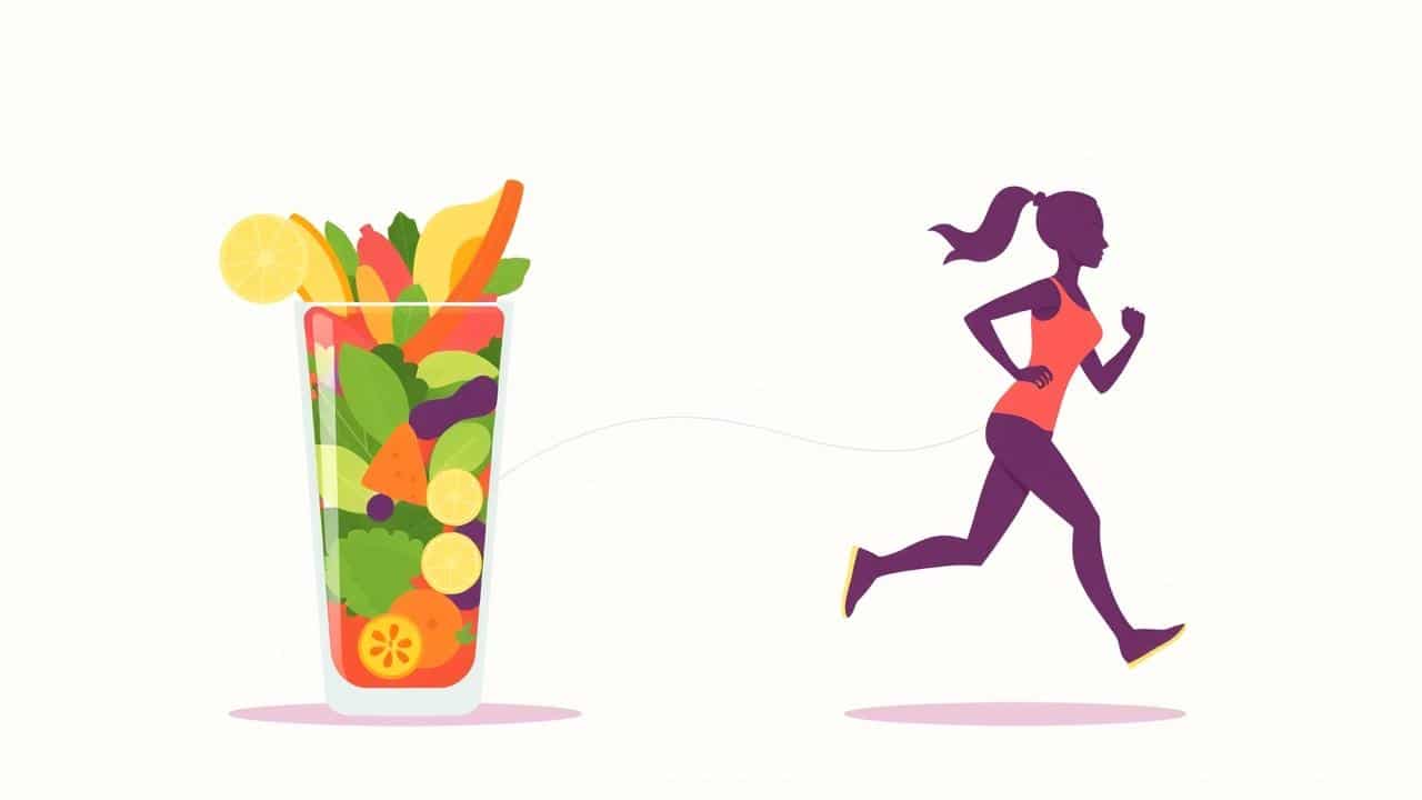 Ilustração vibrante de refeição equilibrada e pessoa ativa conectadas, simbolizando bem-estar.