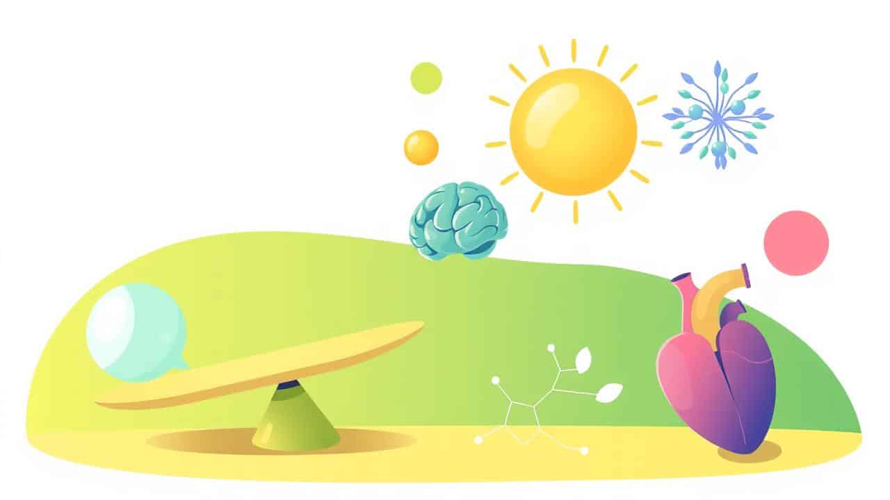 Ilustração visual dos benefícios do jejum intermitente: perda de peso, energia mental, reparação celular e saúde cardiovascular.