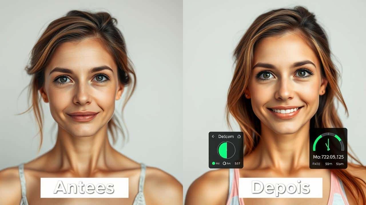 Imagem 'antes e depois' de 7 dias de plano Keto Low Carb, mostrando desinchaço e energia renovada.