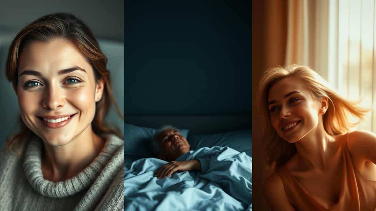 Imagem composta em três painéis ilustrando humor melhorado, sono tranquilo e aumento de energia em pessoas, com elementos científicos sutis. Estilo caloroso e positivo.