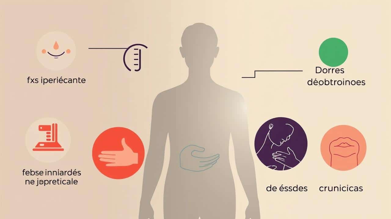 Imagem composta ilustrando sintomas como fadiga, febre, alterações de apetite, problemas digestivos e dores crônicas ao redor de uma figura humana.