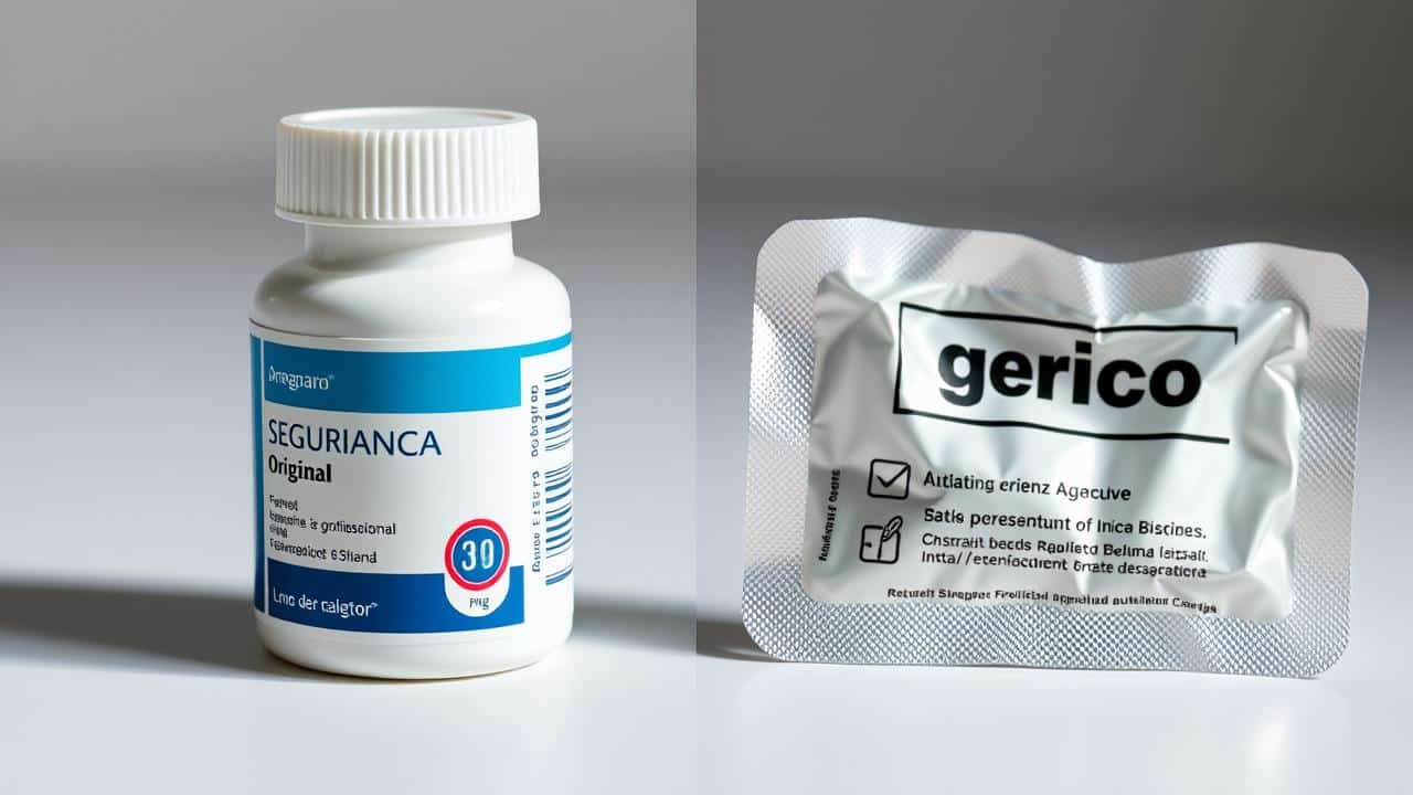 Imagem contrastando embalagem de medicamento original segura com versão genérica duvidosa.