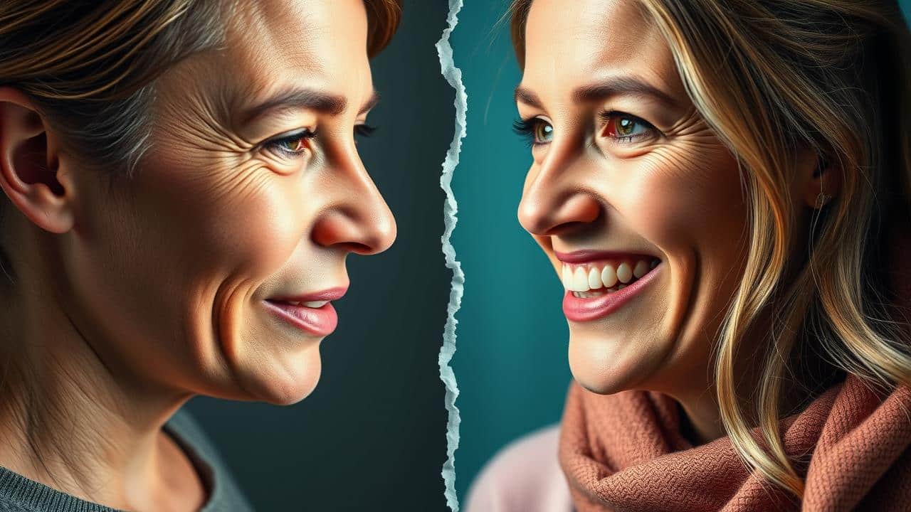 Imagem dividida mostrando a transformação de uma pessoa, de cansada a radiante, simbolizando o bem-estar com jejum.
