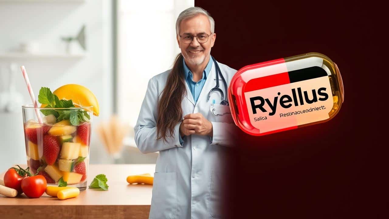 Imagem dividida mostrando dieta, exercício e Rybelsus, com profissional de saúde no fundo, representando abordagem holística.