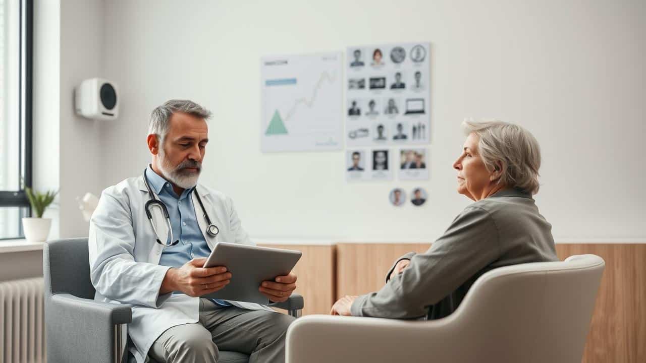 Paciente e médico em consulta, discutindo tratamento em ambiente moderno e confiável.
