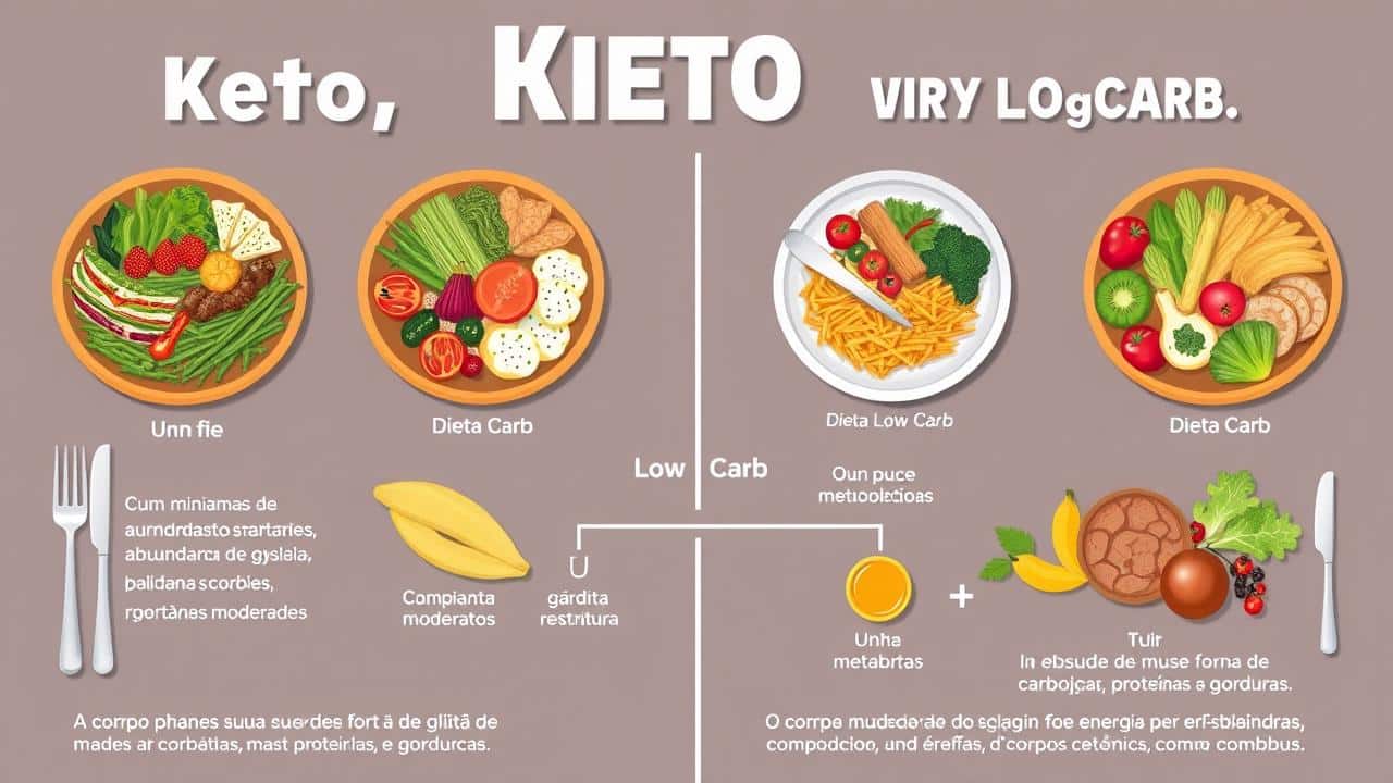 Infográfico comparando pratos Keto e Low Carb com representação de mudança metabólica de glicose para queima de gordura.