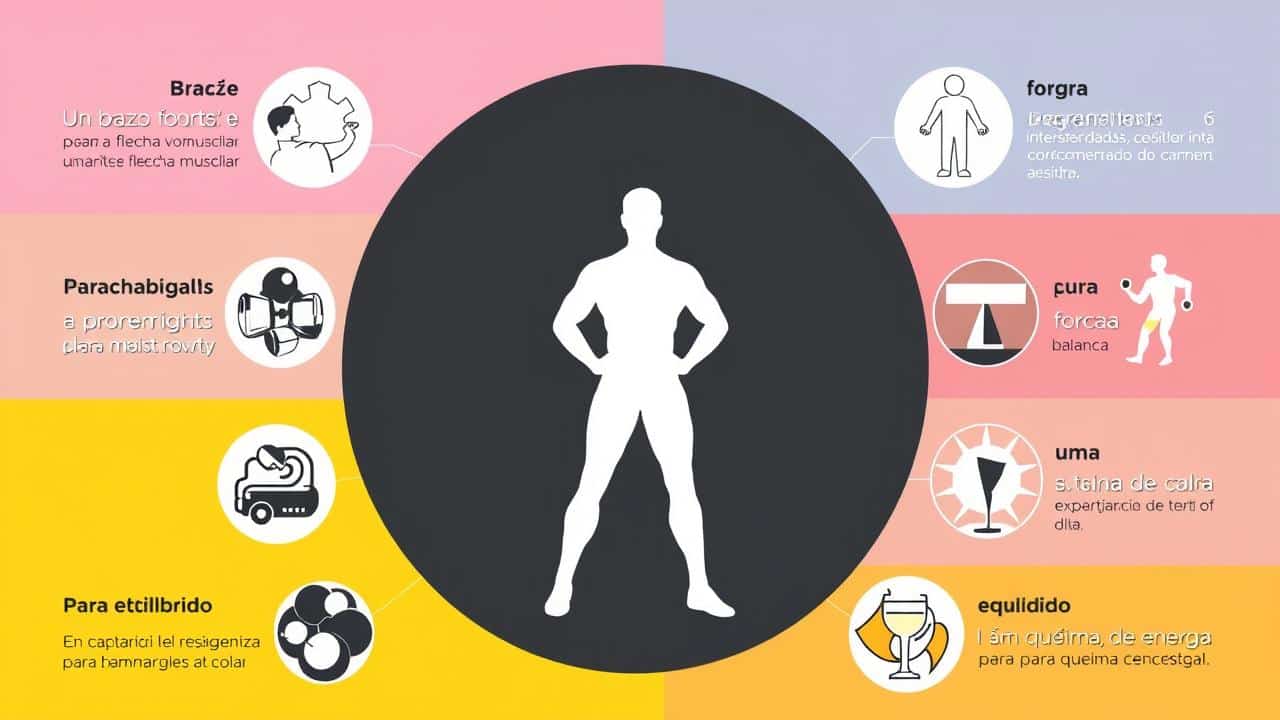 Infográfico visual moderno com figura humana estilizada e ícones abstratos representando os benefícios da calistenia, como força, flexibilidade e queima de calorias.