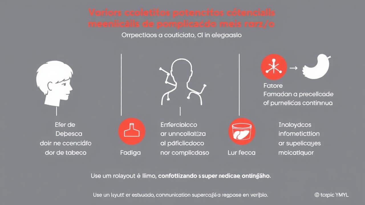 Infográfico visual sobre efeitos adversos menos comuns e raros do Ozempic, com foco em sintomas e alerta médico.