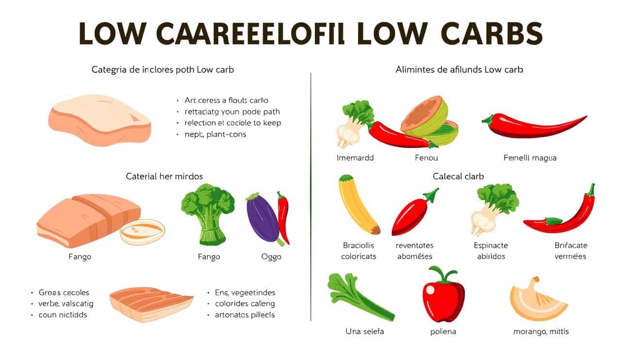 Infográfico visualmente atraente com ilustrações de alimentos permitidos na dieta low carb: carnes magras, ovos, vegetais verdes e frutas vermelhas, em um design limpo e moderno.