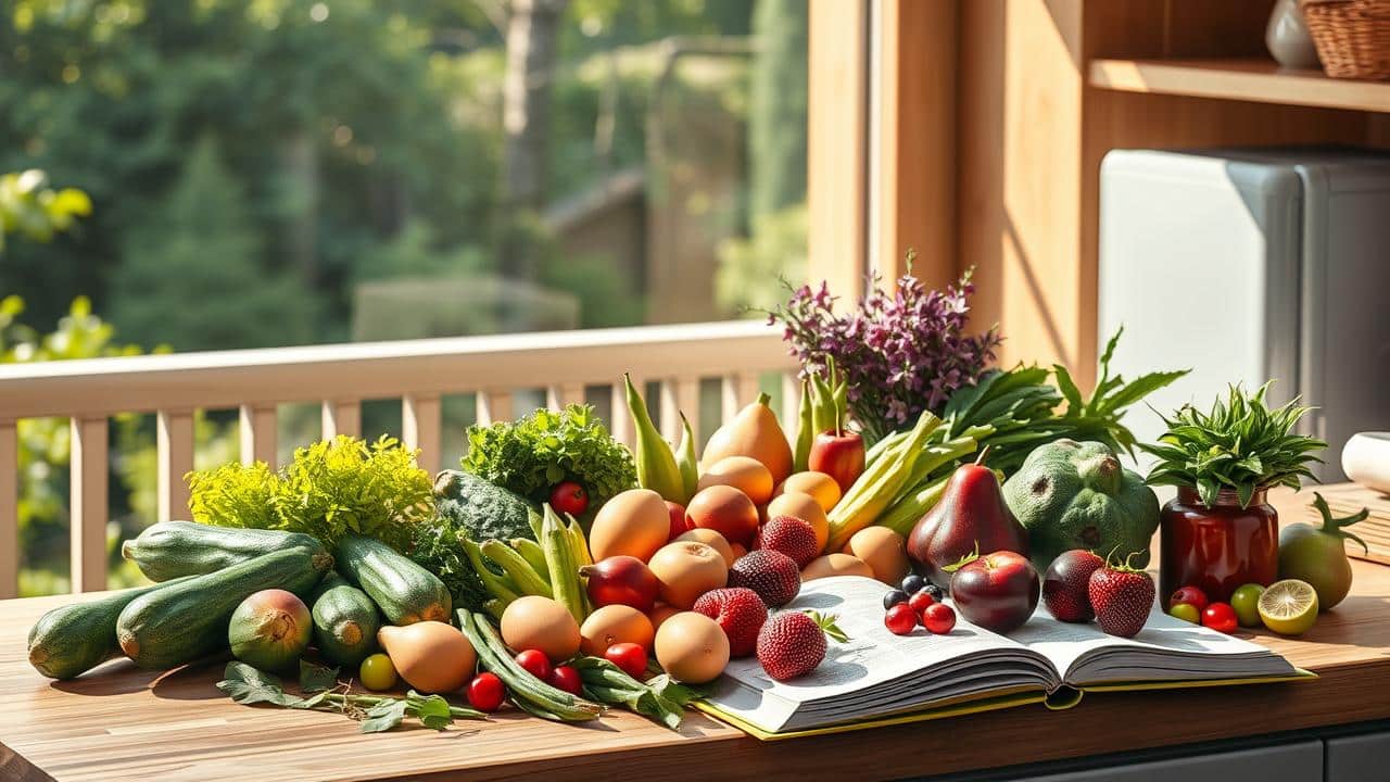 Ingredientes frescos e apetitosos de uma dieta cetogênica fácil dispostos em um balcão de cozinha.