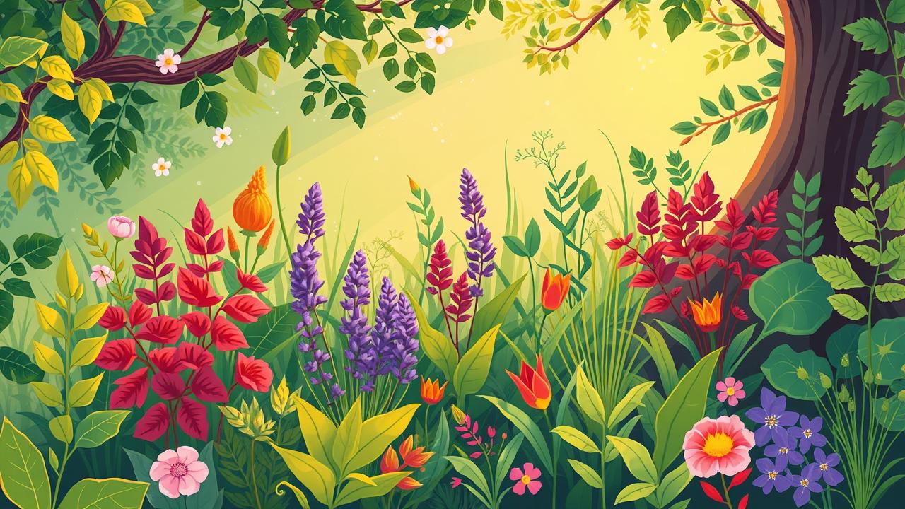 Jardim de chá vibrante com ervas conectadas a símbolos de metabolismo, desintoxicação e queima de gordura.