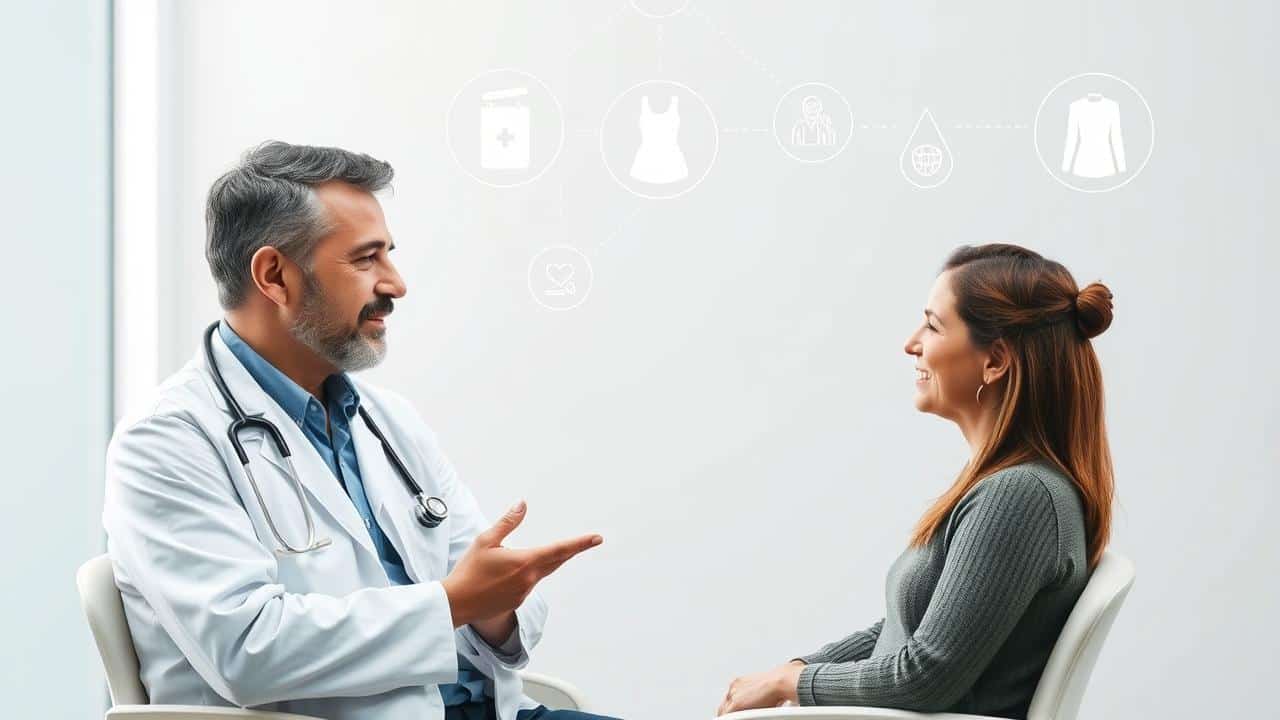 Médico e paciente em consulta, com símbolos de hábitos saudáveis e segurança, enfatizando a supervisão médica essencial para o Ozempic.