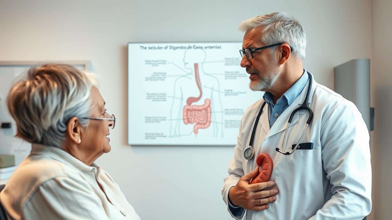 Médico explica diagrama do sistema digestório para paciente em consultório moderno, focando na comunicação.