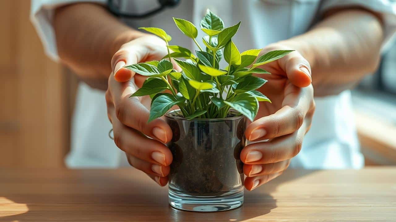 Mãos segurando planta e estetoscópio, cuidado proativo com saúde.