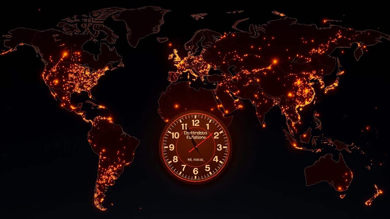 Mapa global com pontos luminosos e silhuetas de jovens, um relógio indicando urgência.