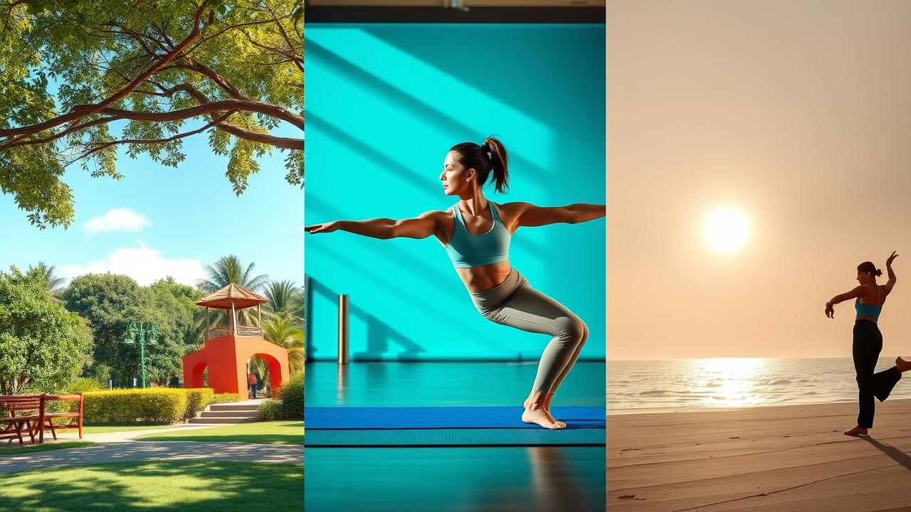 Montagem visual de pessoas praticando calistenia em parque, sala e praia, simbolizando liberdade e adaptabilidade.