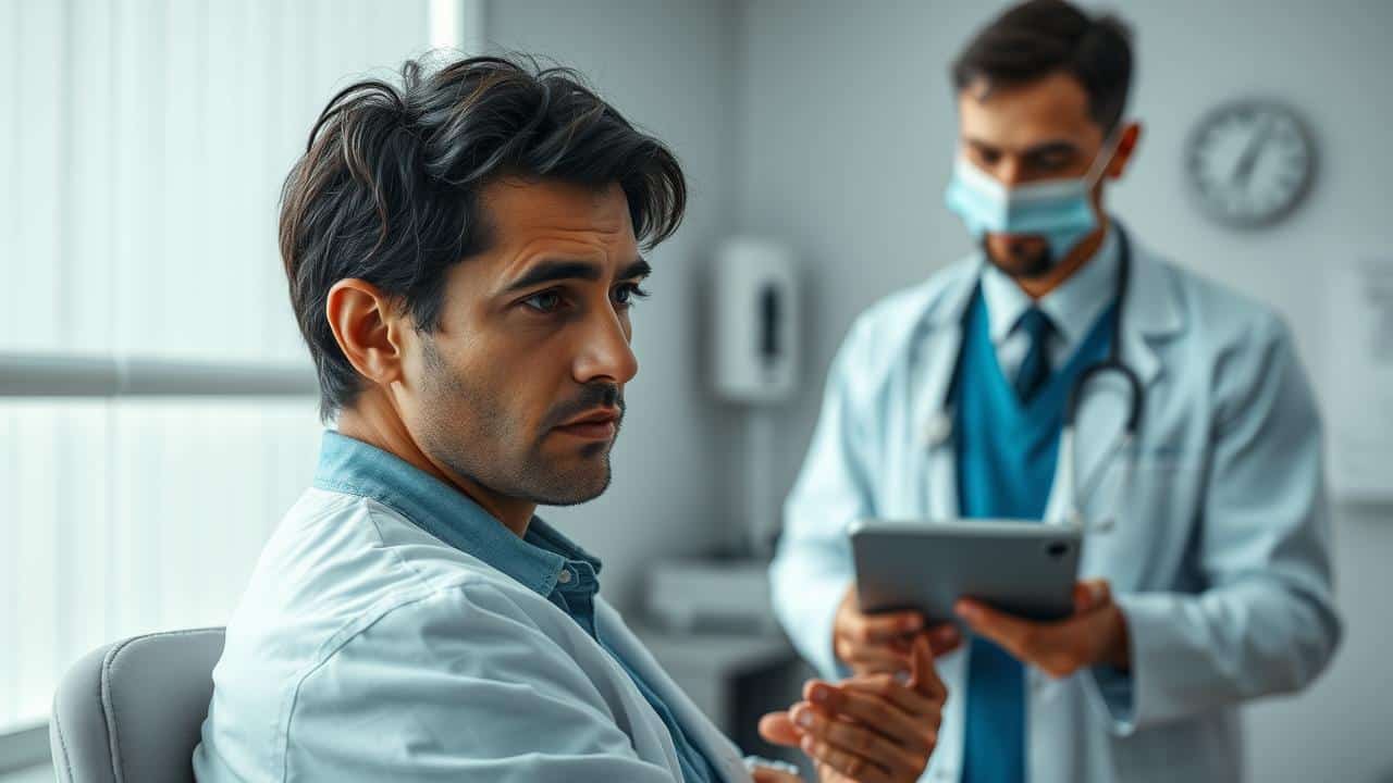 Paciente em consulta médica, urgência em avaliação.