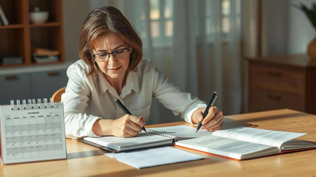 Pessoa organizada, escrevendo em caderno, preparando-se para consulta médica com foco e proatividade.