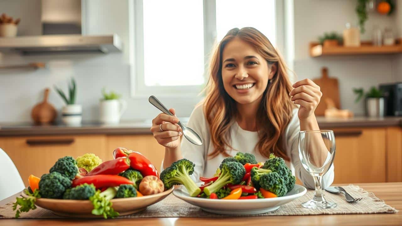 Pessoa sorridente comendo uma refeição keto colorida em cozinha moderna, simbolizando saúde e vitalidade.