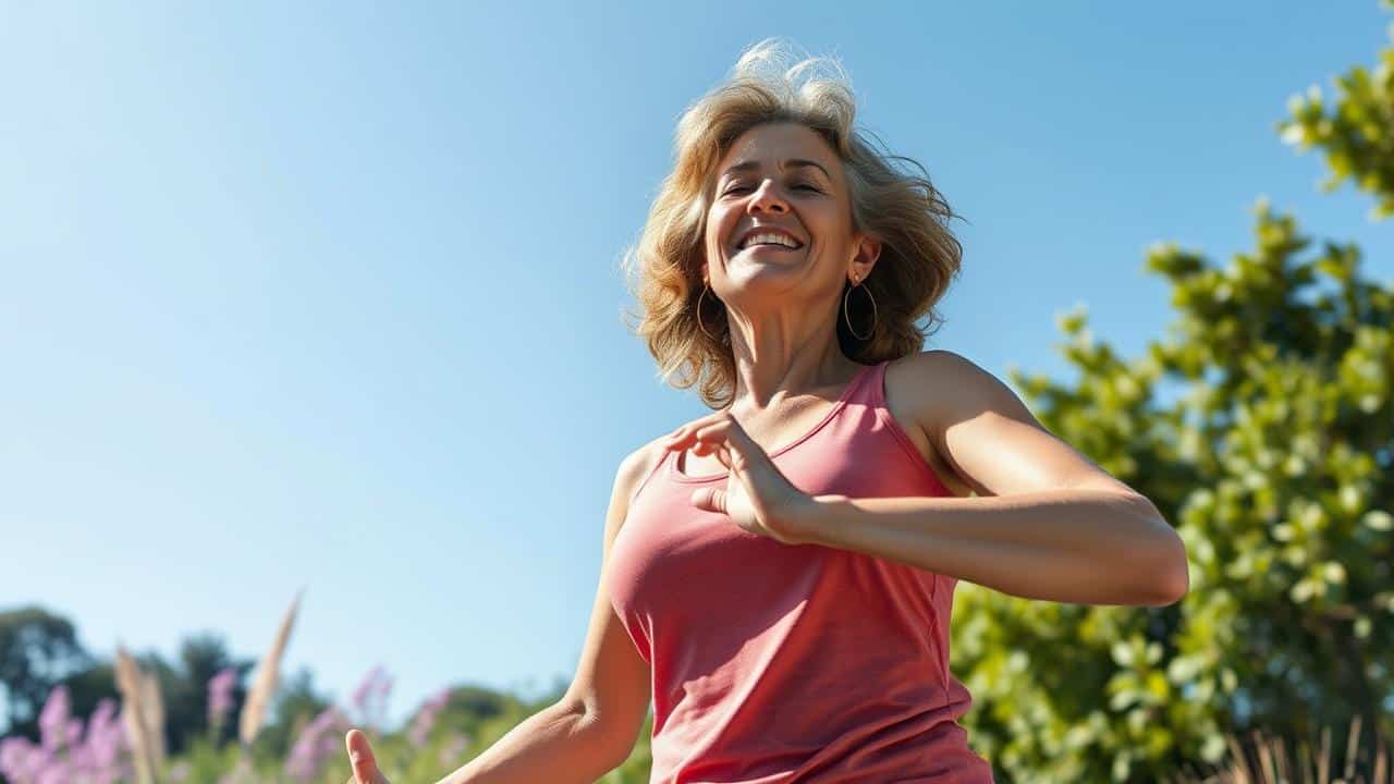 Pessoa sorridente e calma praticando atividade leve ao ar livre, simbolizando sustentabilidade e bem-estar duradouro.