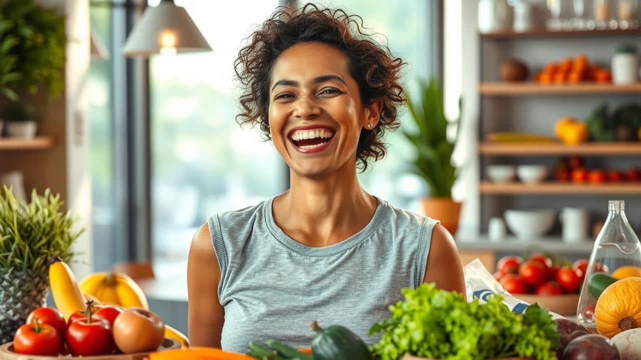 Pessoa sorridente e energizada com elementos de alimentação saudável, simbolizando bem-estar e vitalidade.