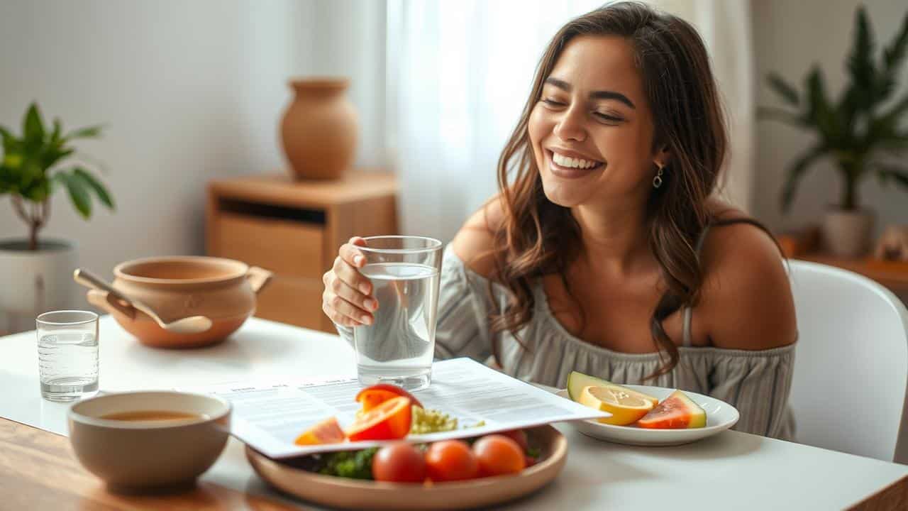 Pessoa sorrindo, bebendo água e planejando refeições saudáveis, transmitindo calma e hidratação para o jejum.