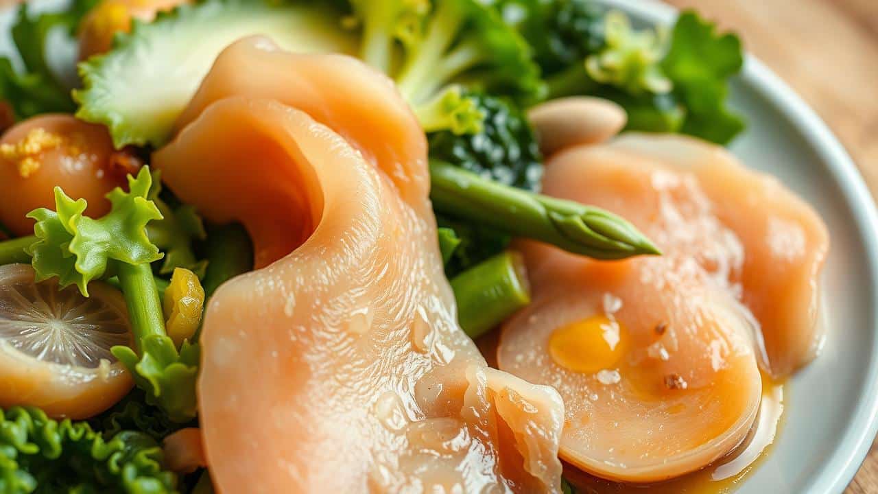 Prato fotorealista de refeição cetogênica com salmão grelhado, abacate e vegetais verdes.