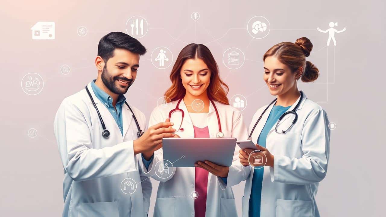 Profissionais de saúde colaborando em torno de arquivo digital, conectados por ícones de tratamento holístico.