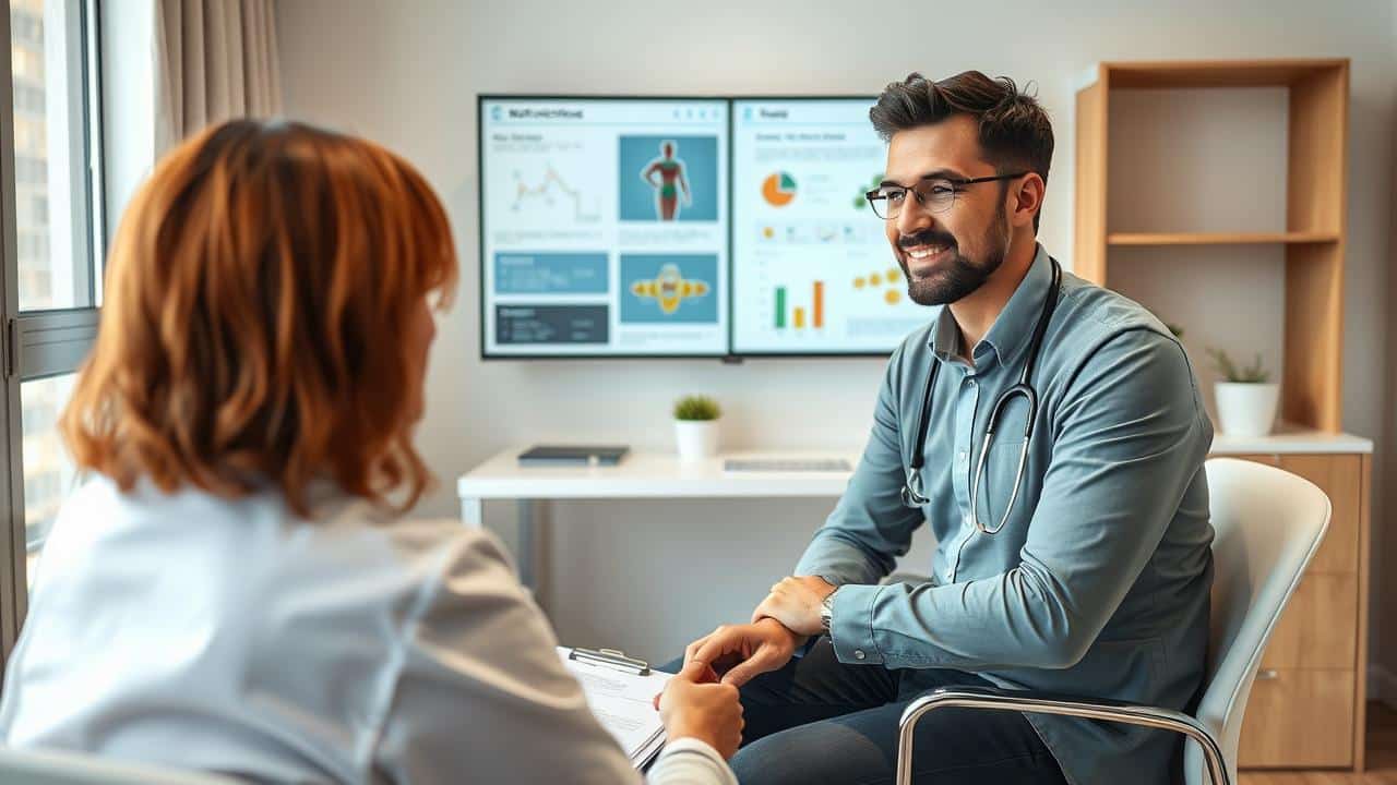 Profissional de saúde orientando paciente sobre dieta cetogênica.