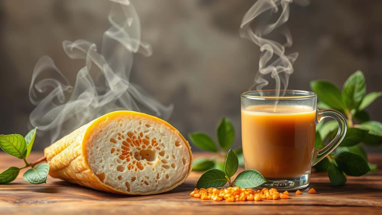 Raiz de gengibre fatiada com energia termogênica e xícara de chá com setas visuais de metabolismo e apetite, em estilo dinâmico.