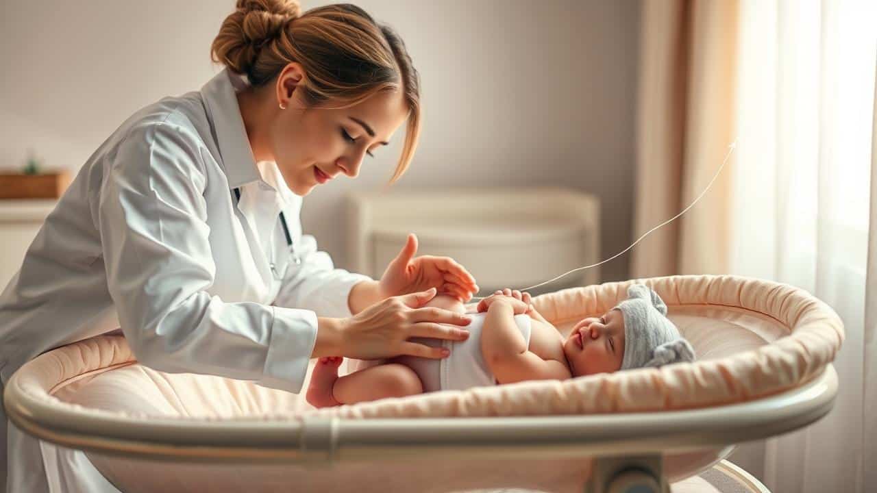 Recém-nascido sendo pesado por um profissional de saúde, com gráficos sutis de crescimento no fundo.
