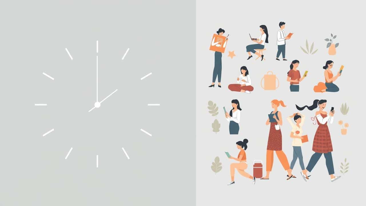 Relógio minimalista ilustrando jejum de 14h e janela de 10h, com figuras humanas estilizadas realizando atividades diárias, simbolizando flexibilidade. Ilustração vetorial.